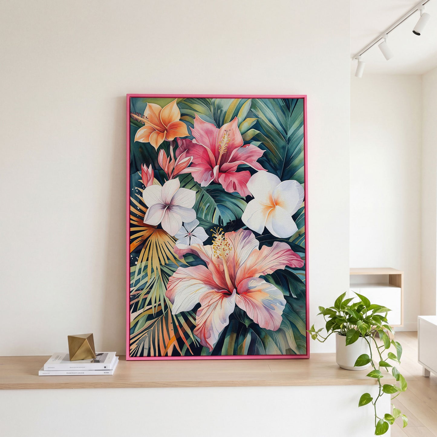 Tropical Hibiscus & Florals Canvas Print in pink floating frame