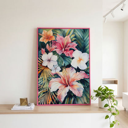 Tropical Hibiscus & Florals Canvas Print in pink floating frame