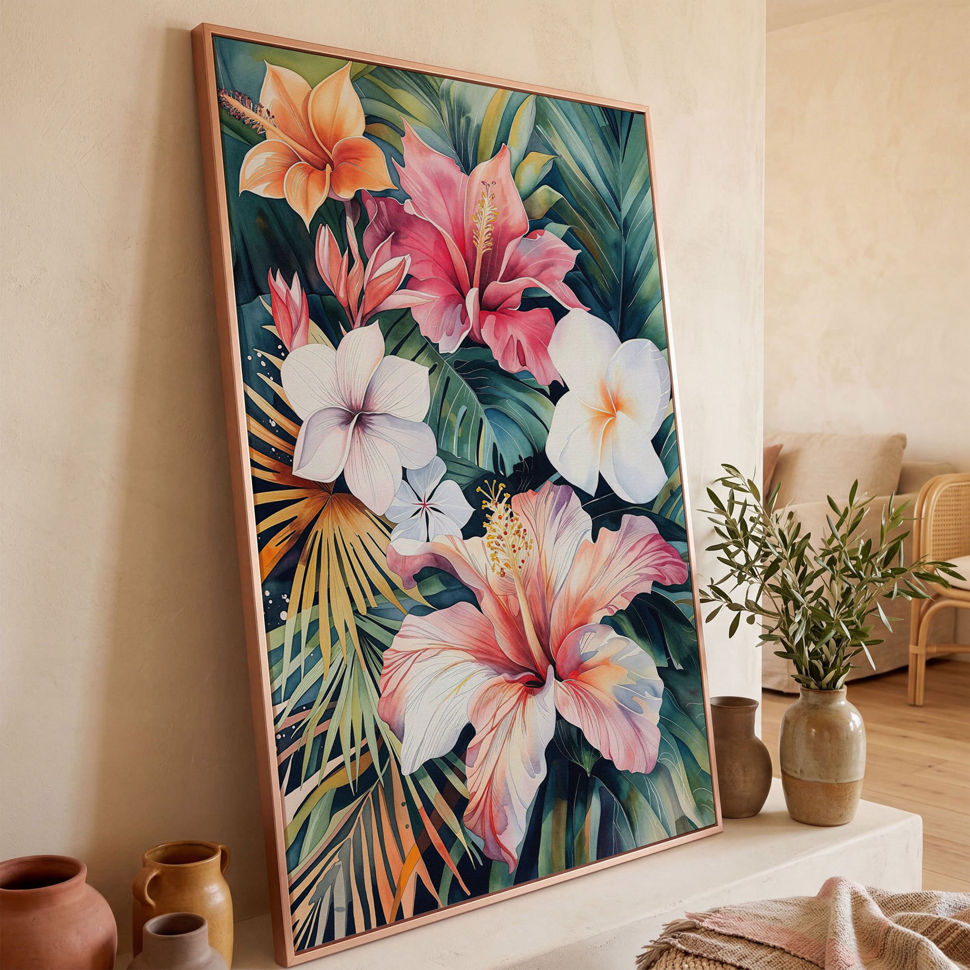 Tropical Hibiscus & Florals Canvas Print in rose gold floating frame