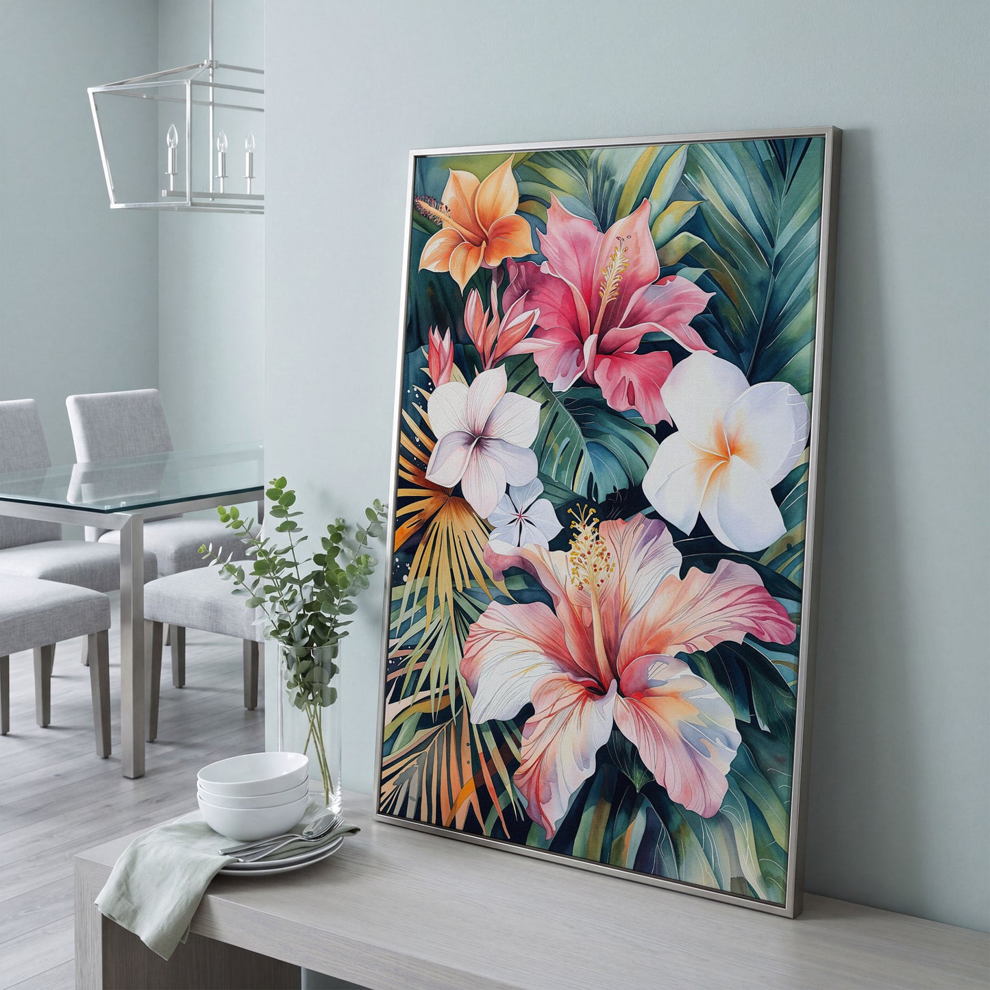 Tropical Hibiscus & Florals Canvas Print in silver floating frame