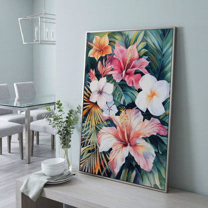 Tropical Hibiscus & Florals Canvas Print in silver floating frame