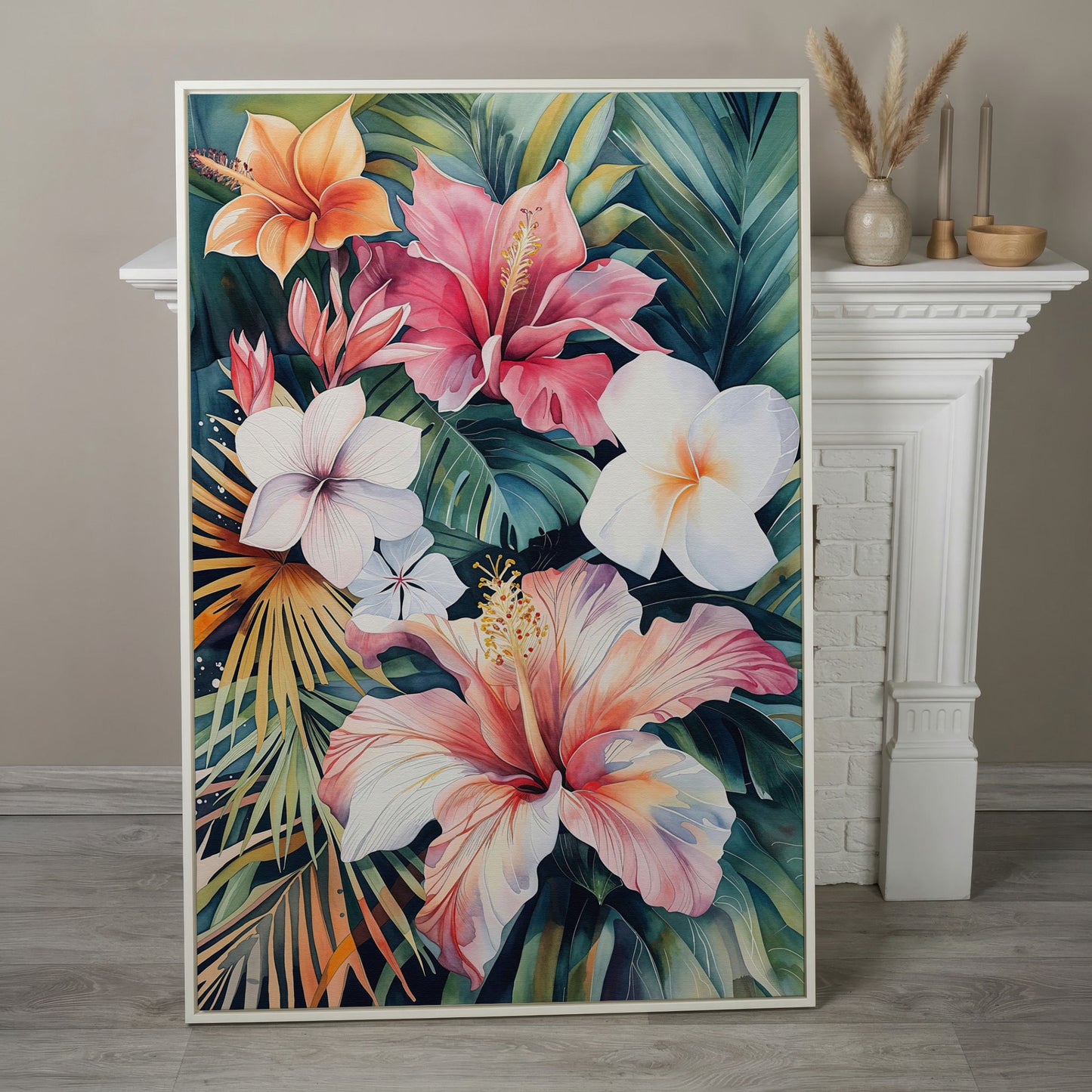 Tropical Hibiscus & Florals Canvas Print in white floating frame