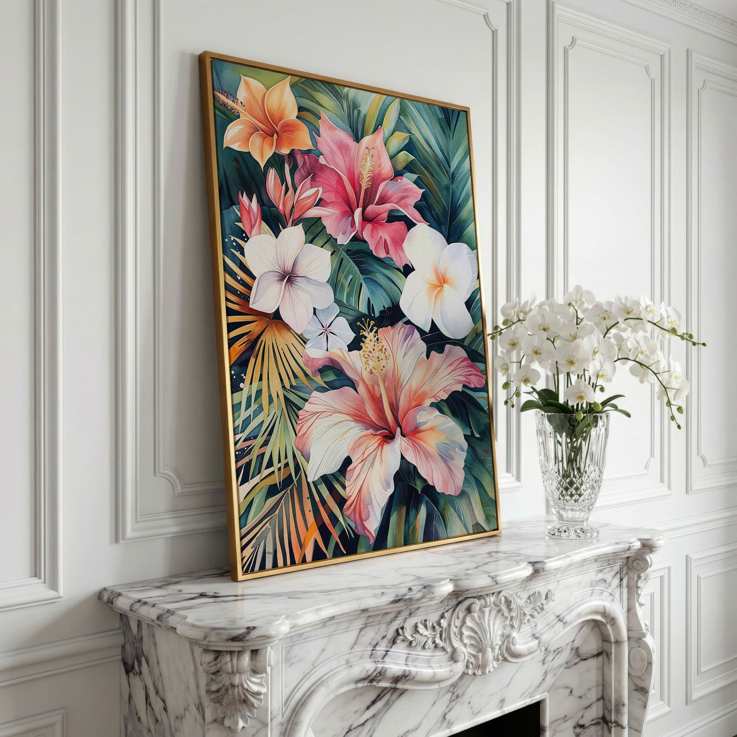 Tropical Hibiscus & Florals Canvas Print in yellow gold floating frame