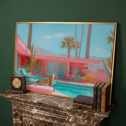 Cheetah by the Pool Canvas Print in antique gold floating frame