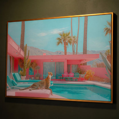 Cheetah by the Pool Canvas Print shown in antique gold floating frame