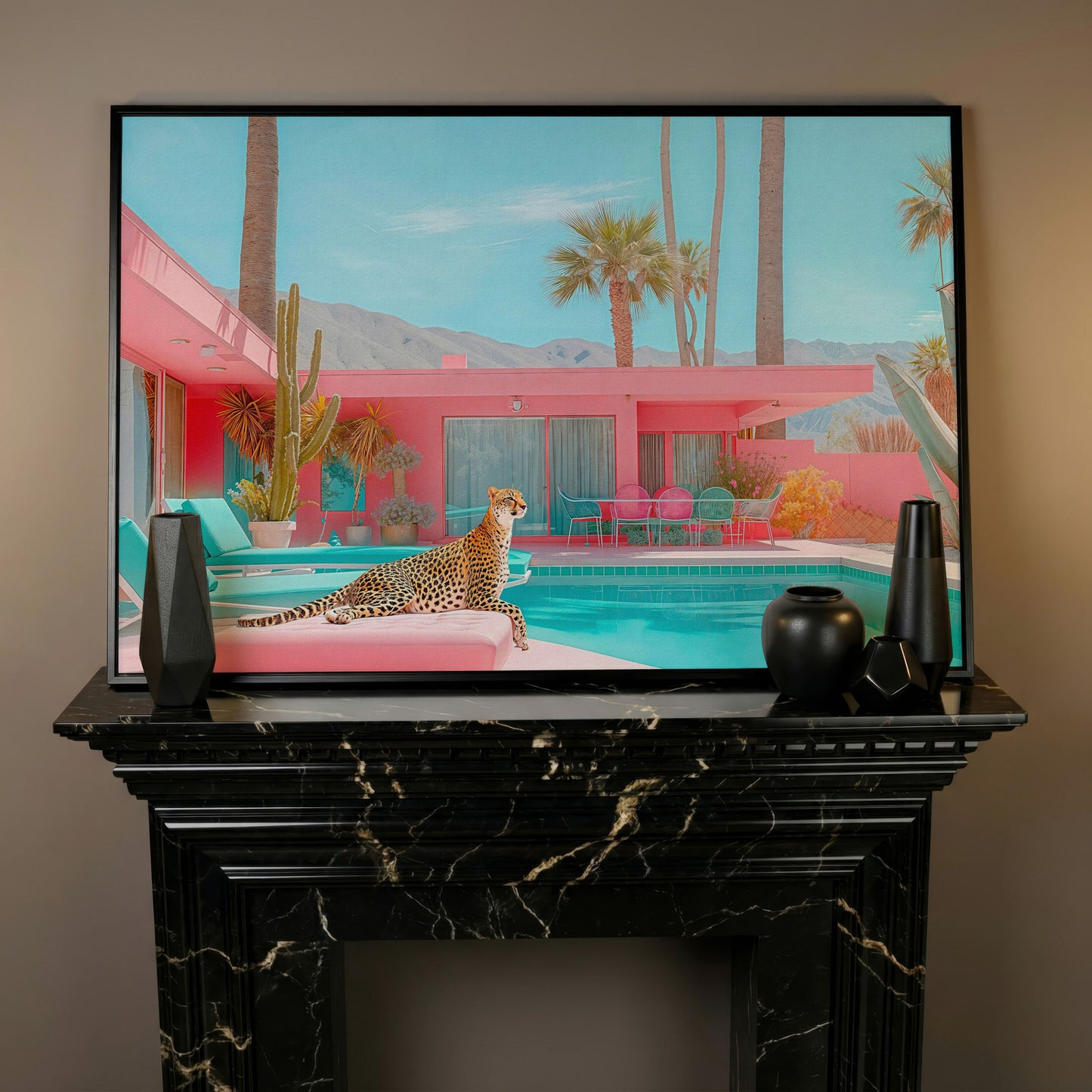Cheetah by the Pool Canvas Print in black floating frame
