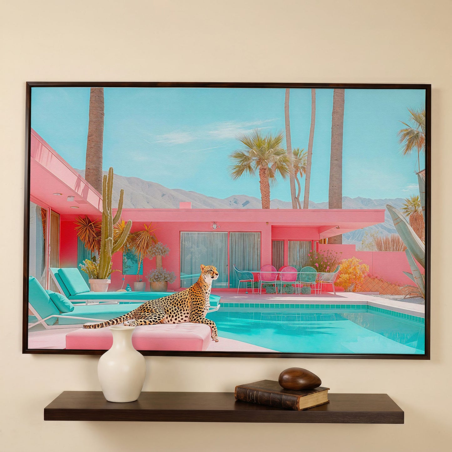 Cheetah by the Pool Canvas Print in dark walnut floating frame