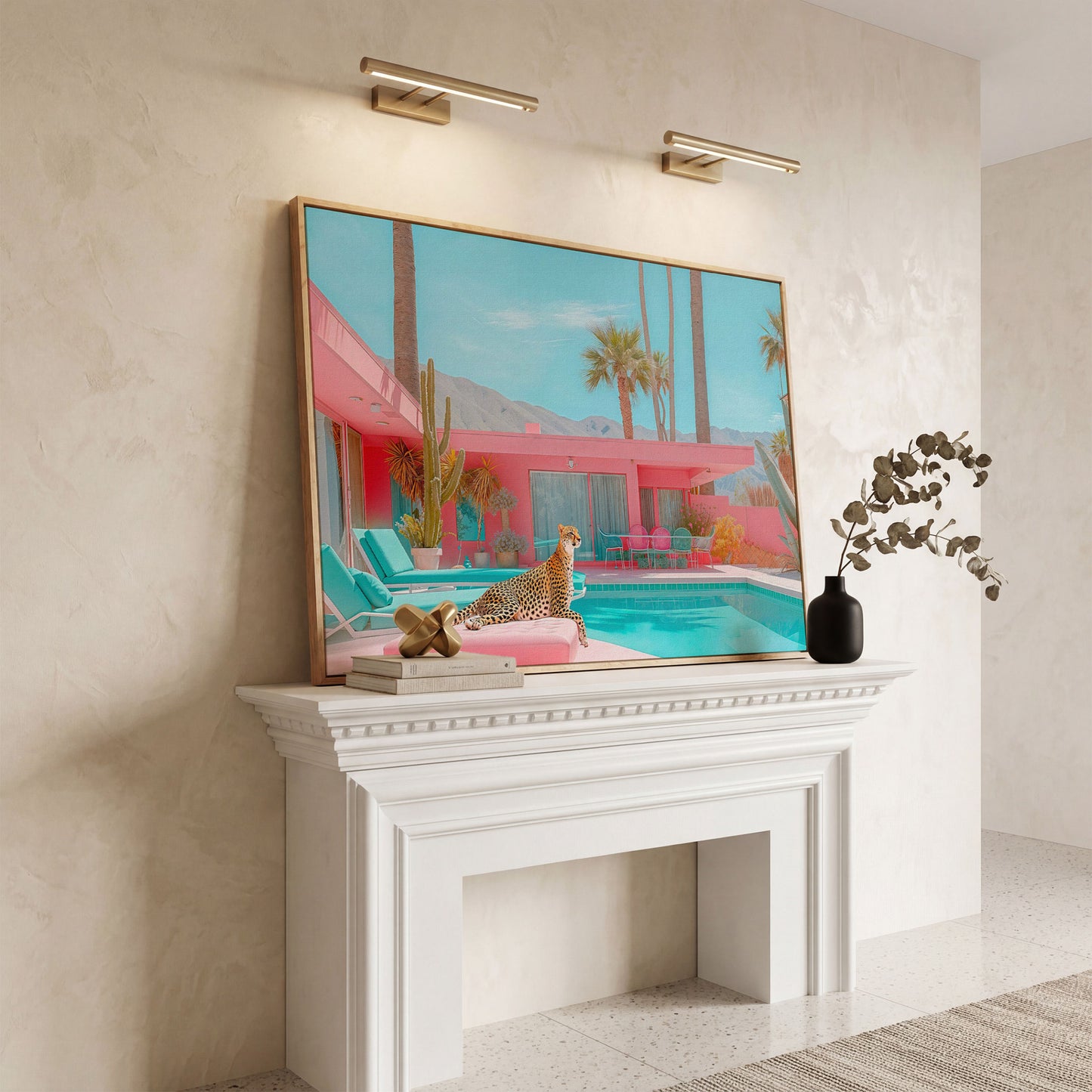 Cheetah by the Pool Canvas Print in white oak floating frame