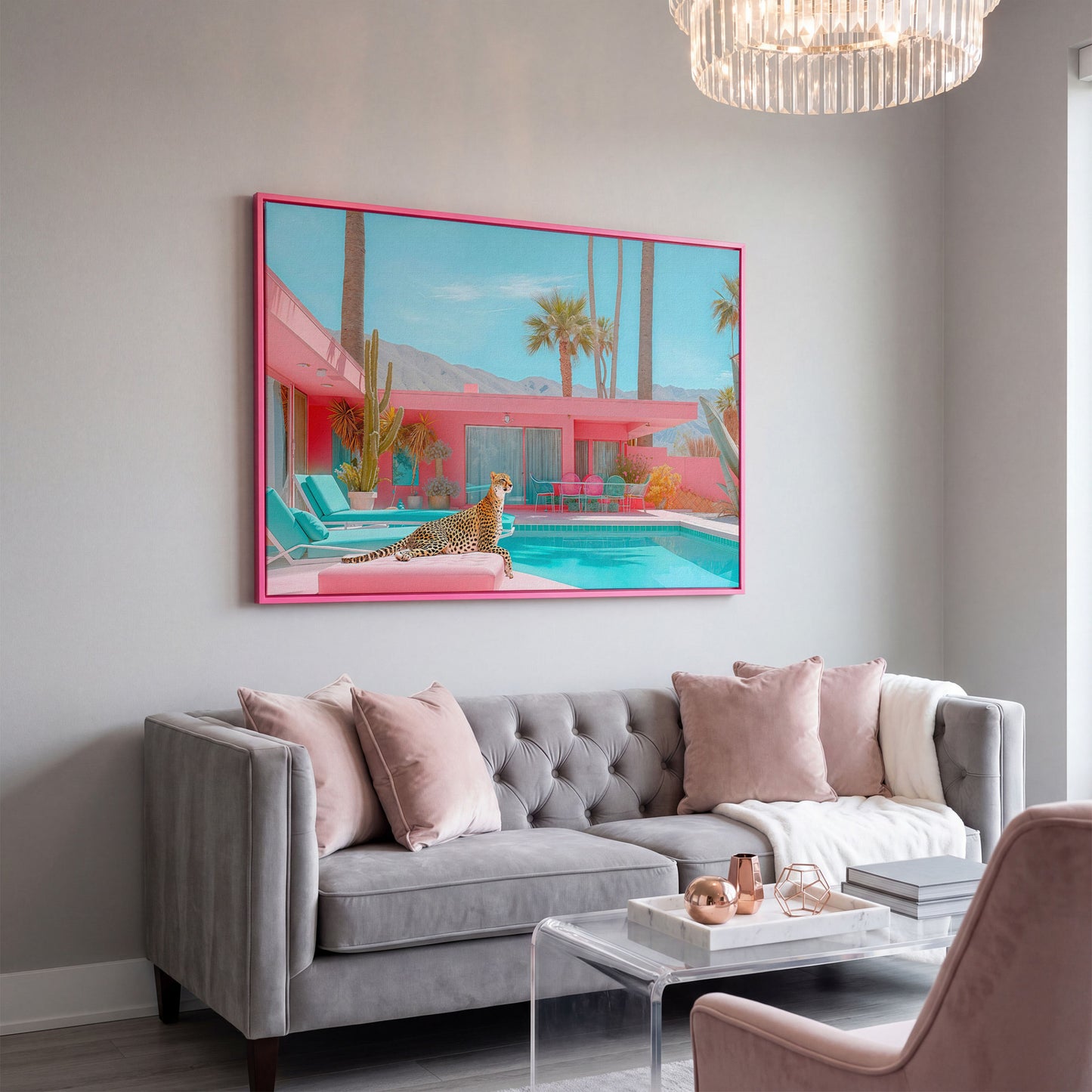 Cheetah by the Pool Canvas Print in pink floating frame