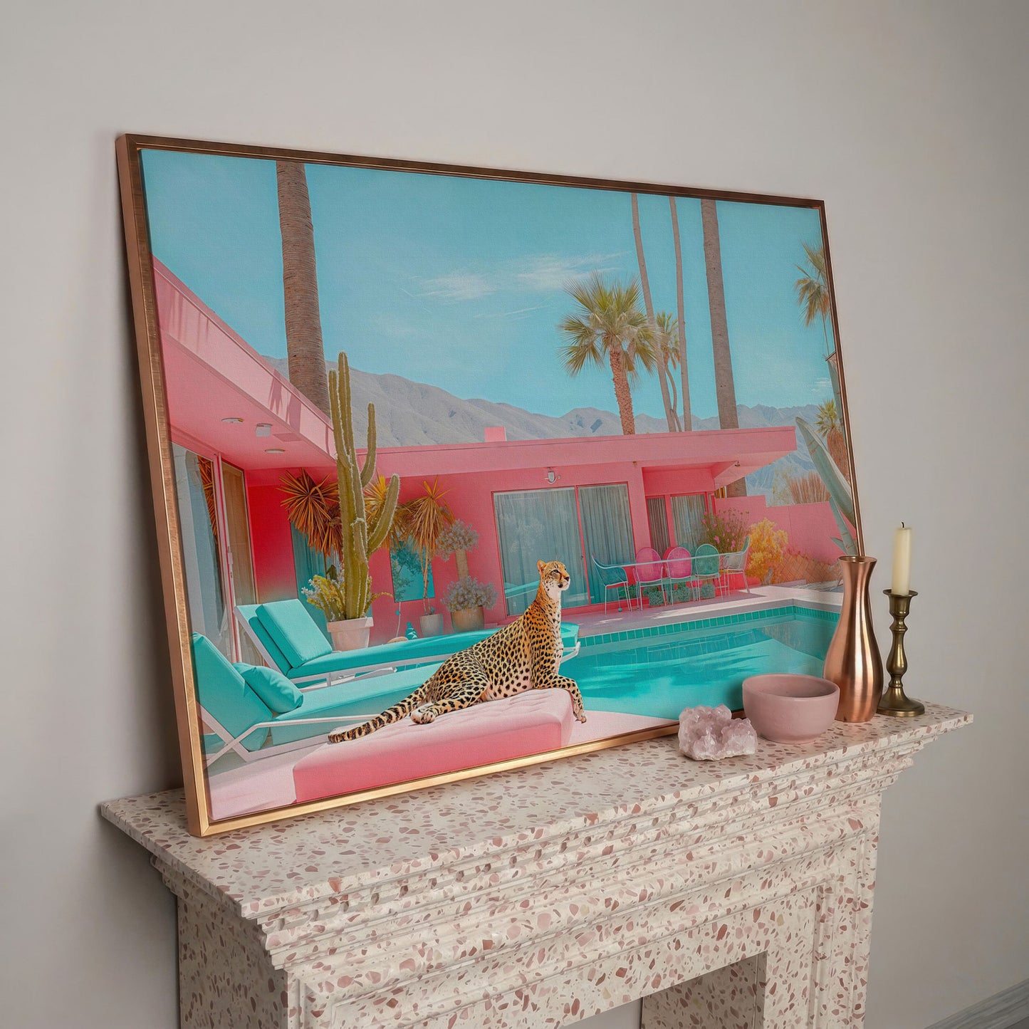 Cheetah by the Pool Canvas Print in rose gold floating frame