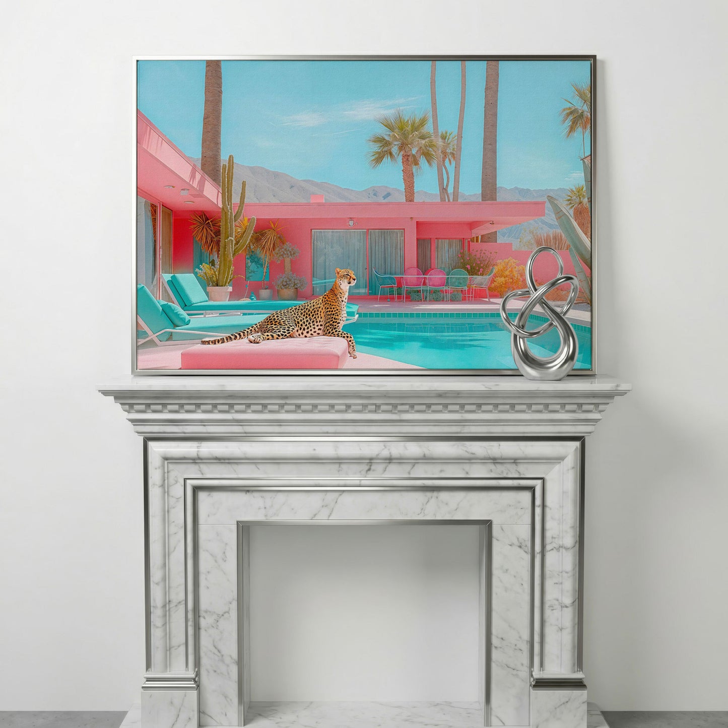 Cheetah by the Pool Canvas Print in silver floating frame