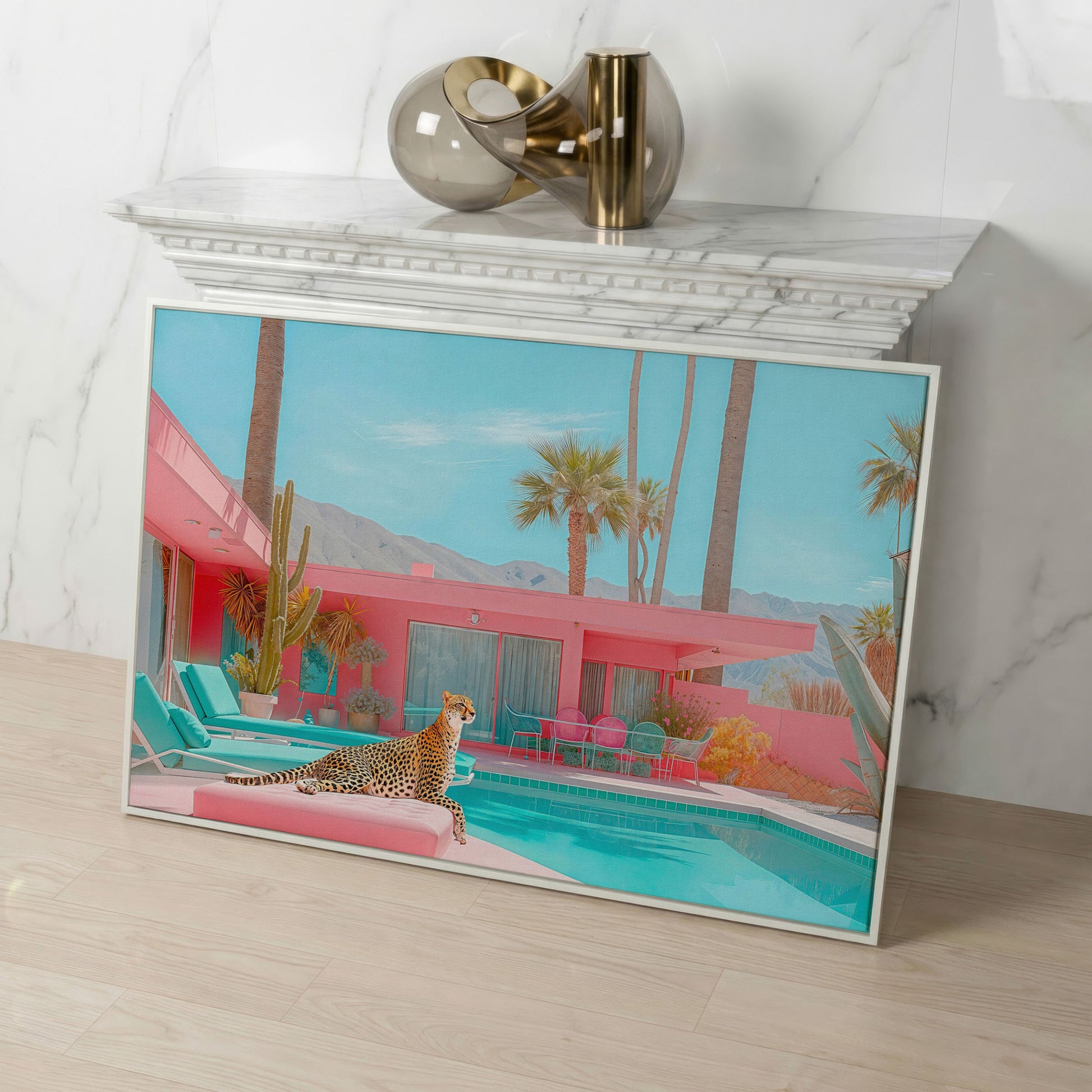 Cheetah by the Pool Canvas Print in white floating frame