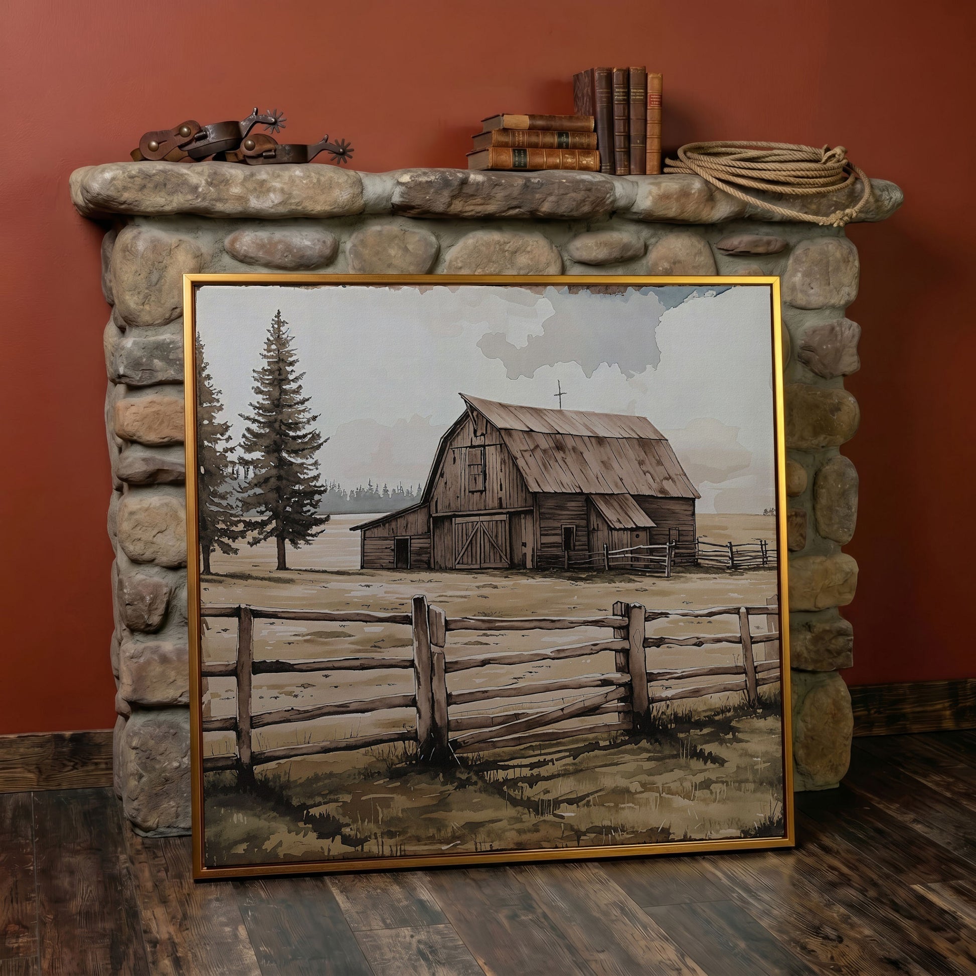 Weathered Barn Canvas Art, Rural Landscape Square Wall Art in antique gold floating frame