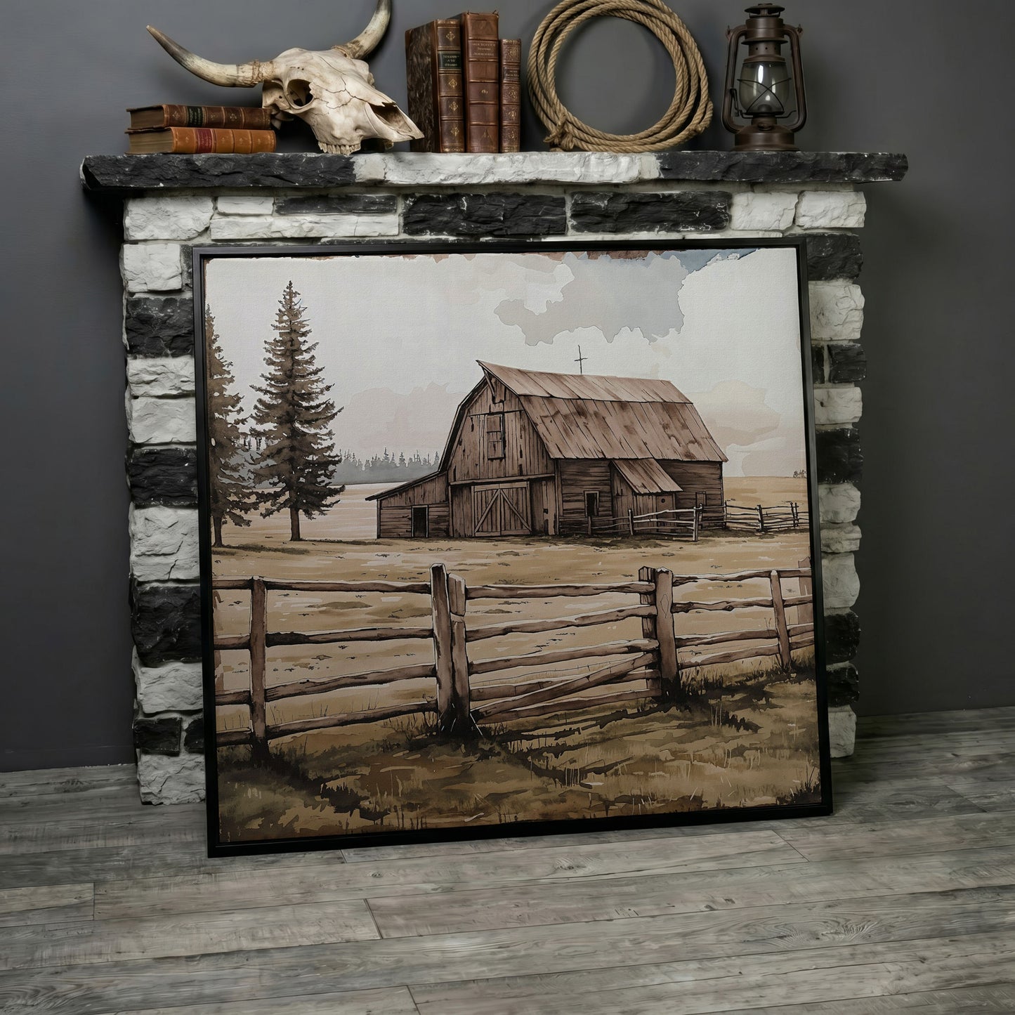 Weathered Barn Canvas Art, Rural Landscape Square Wall Art in black floating frame