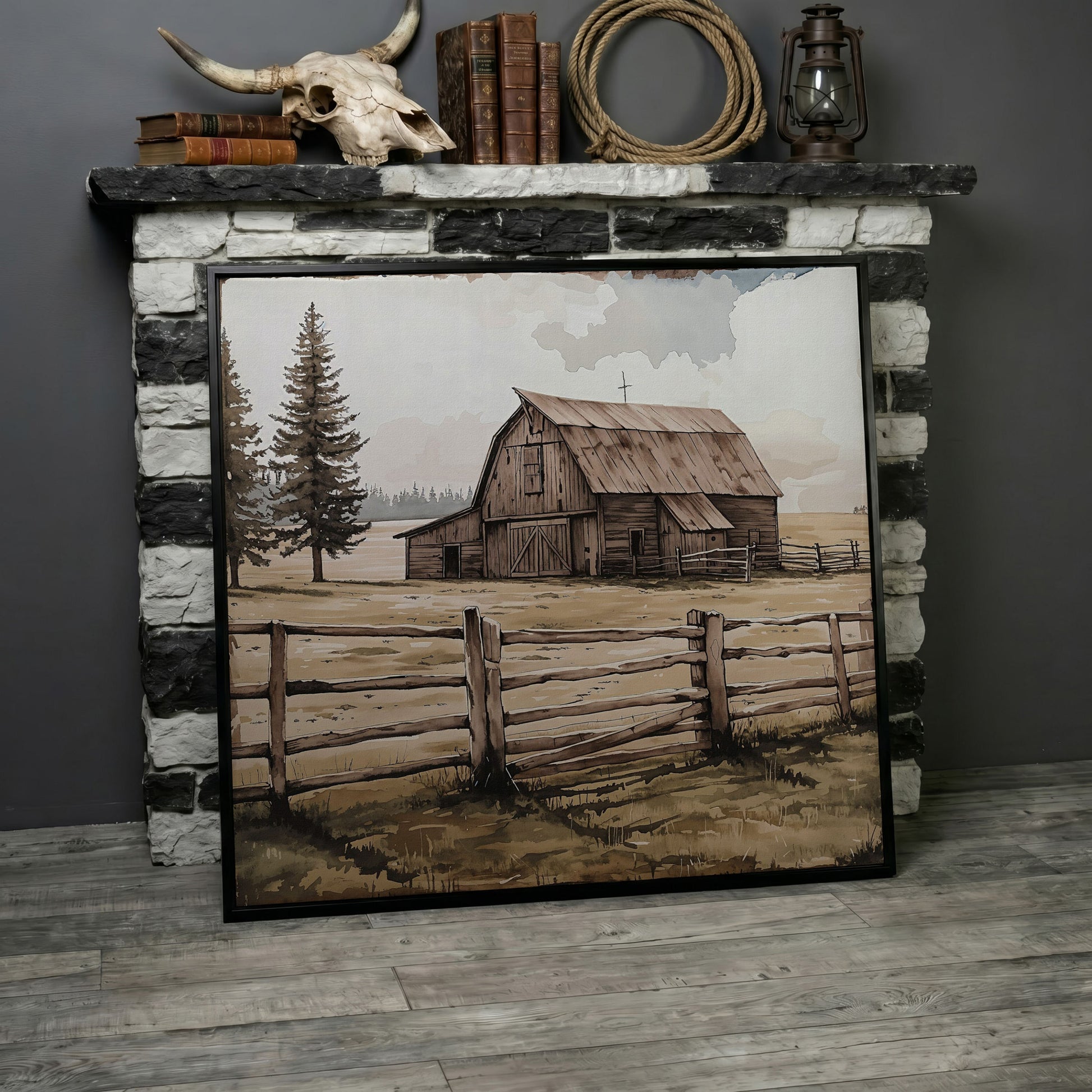 Weathered Barn Canvas Art, Rural Landscape Square Wall Art in black floating frame