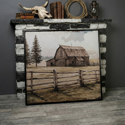 Weathered Barn Canvas Art, Rural Landscape Square Wall Art in black floating frame
