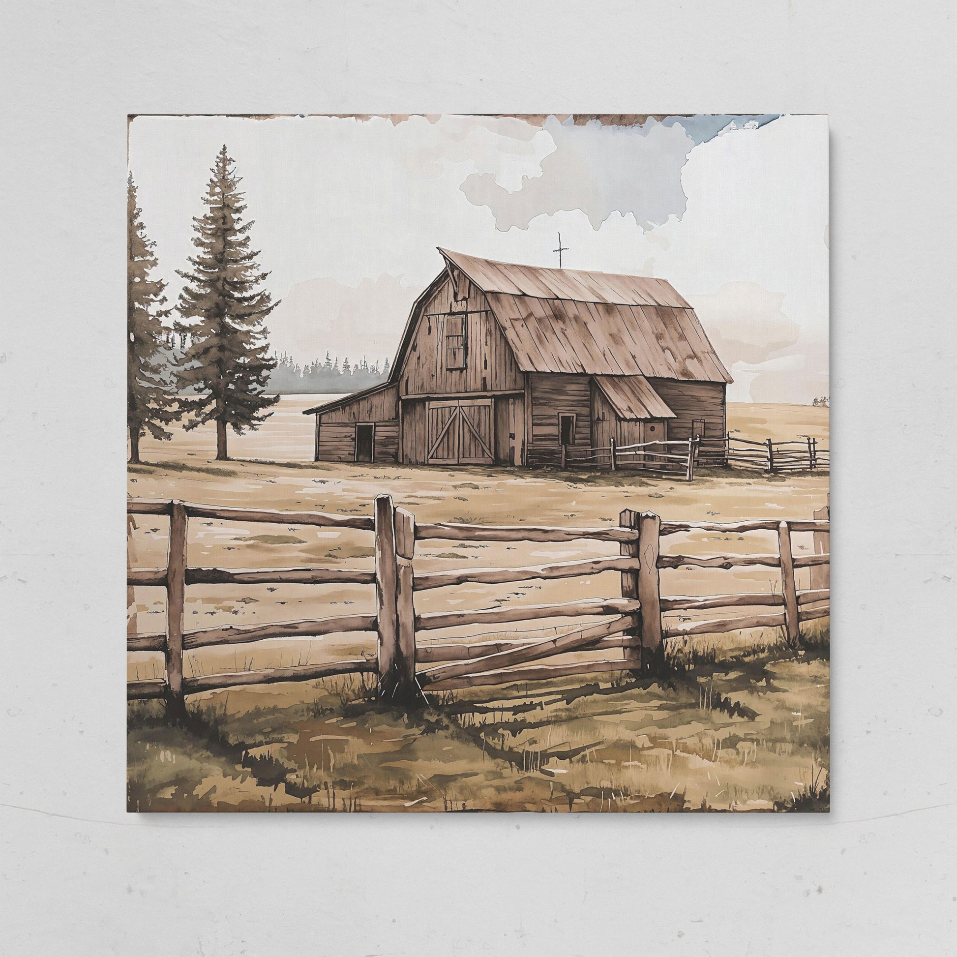 Weathered Barn Canvas Art, Rural Landscape Square Wall Art on gallery wrap