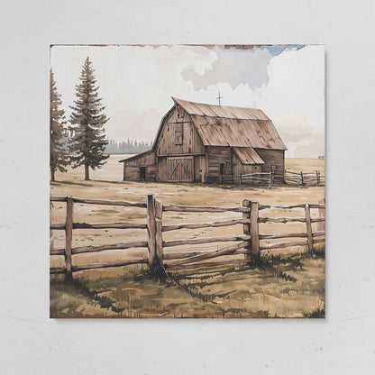 Weathered Barn Canvas Art, Rural Landscape Square Wall Art on gallery wrap