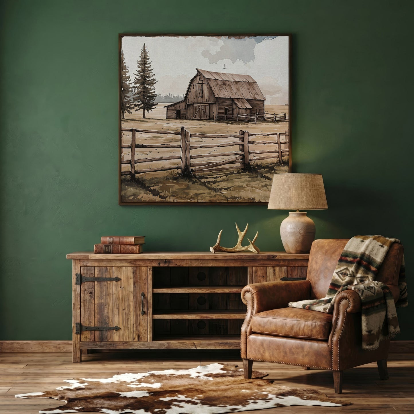 Weathered Barn Canvas Art, Rural Landscape Square Wall Art in dark walnut floating frame