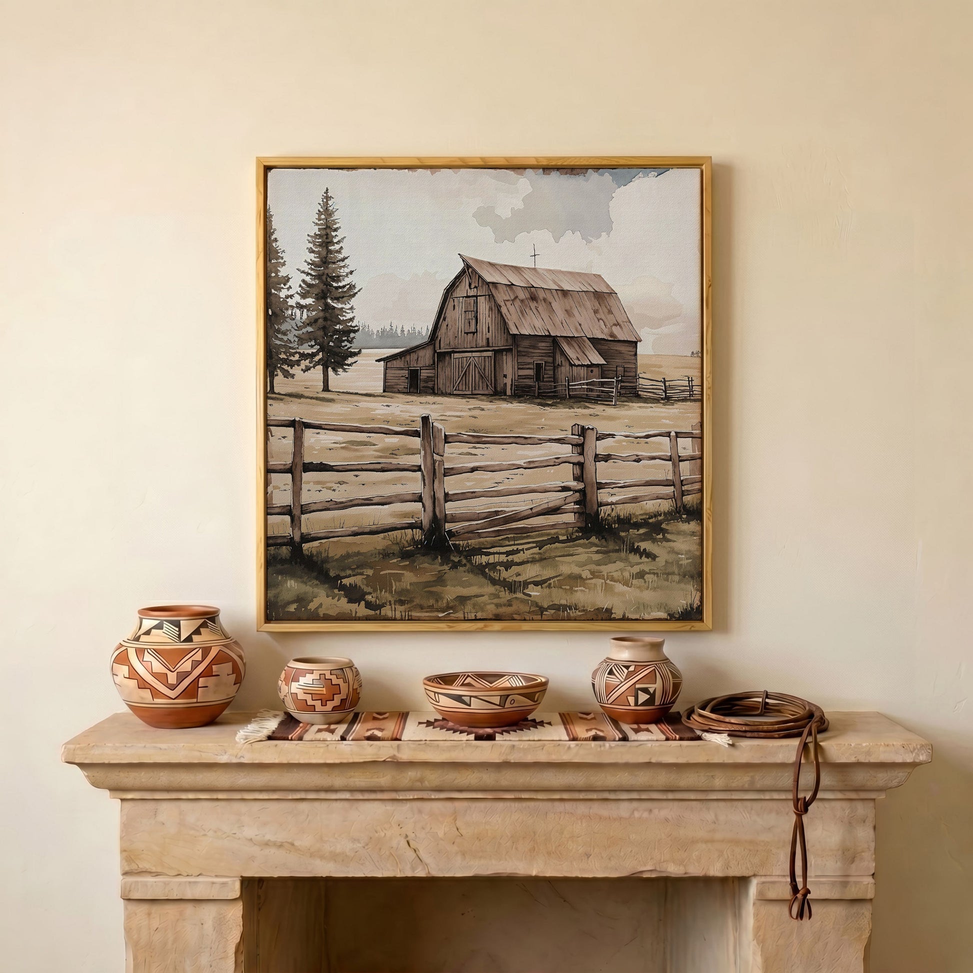 Weathered Barn Canvas Art, Rural Landscape Square Wall Art in white oak floating frame