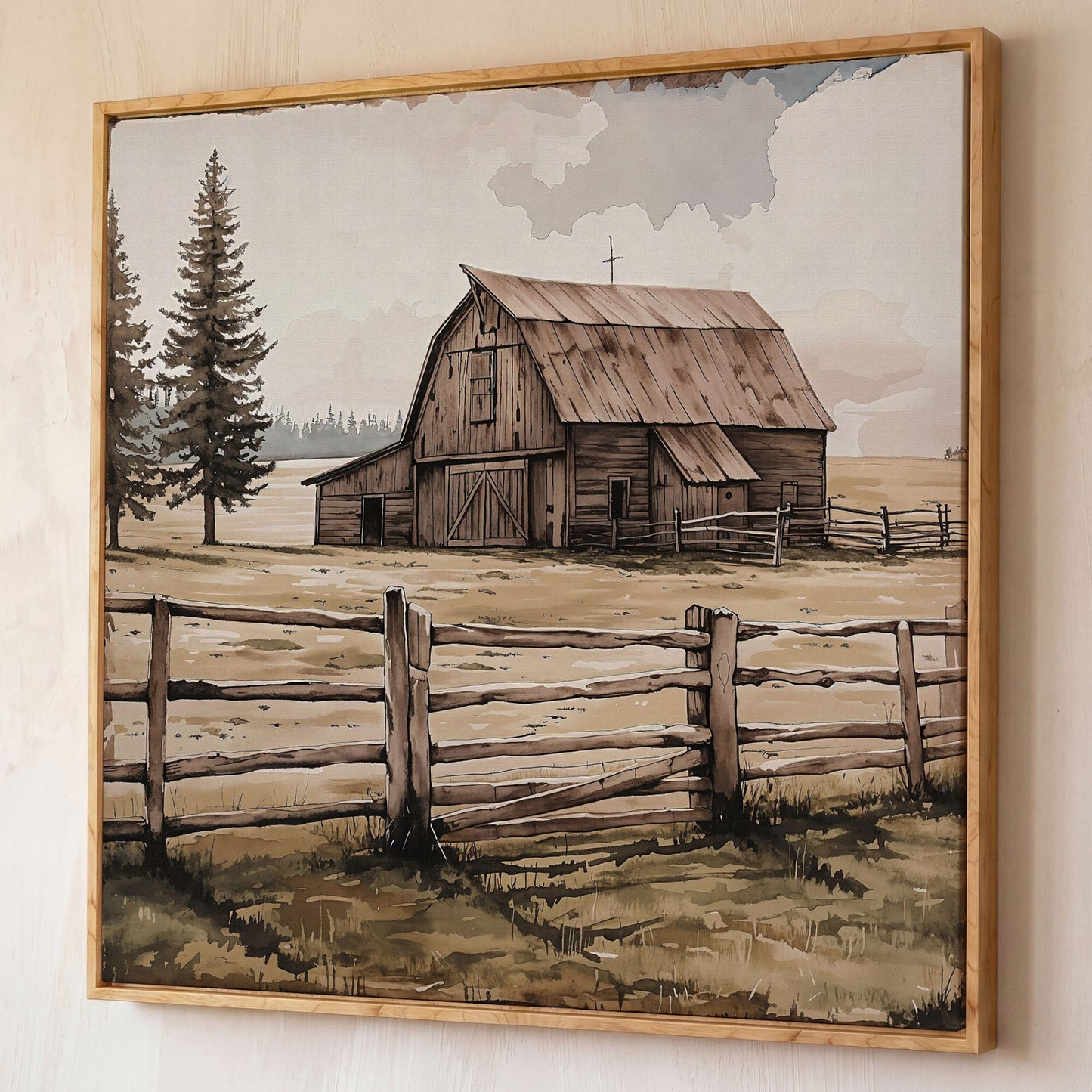 Weathered Barn Canvas Art, Rural Landscape Square Wall Art shown in white oak floating frame