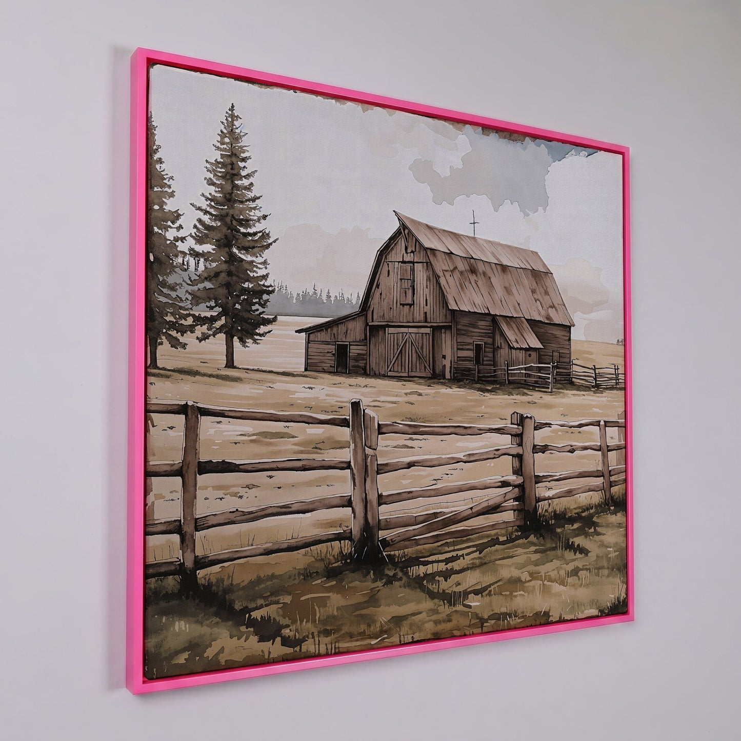Weathered Barn Canvas Art, Rural Landscape Square Wall Art in pink floating frame