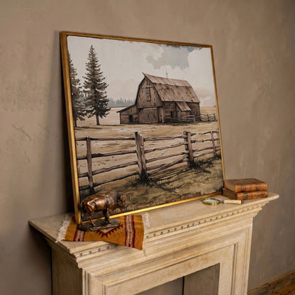 Weathered Barn Canvas Art, Rural Landscape Square Wall Art in rose gold floating frame