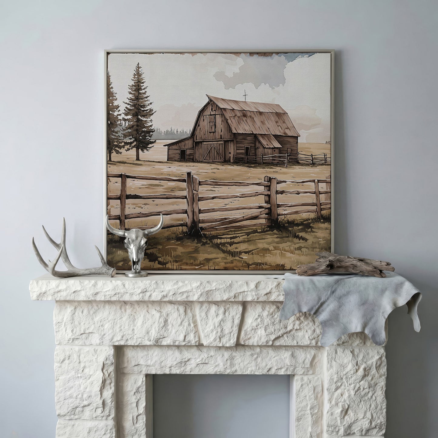 Weathered Barn Canvas Art, Rural Landscape Square Wall Art in silver floating frame