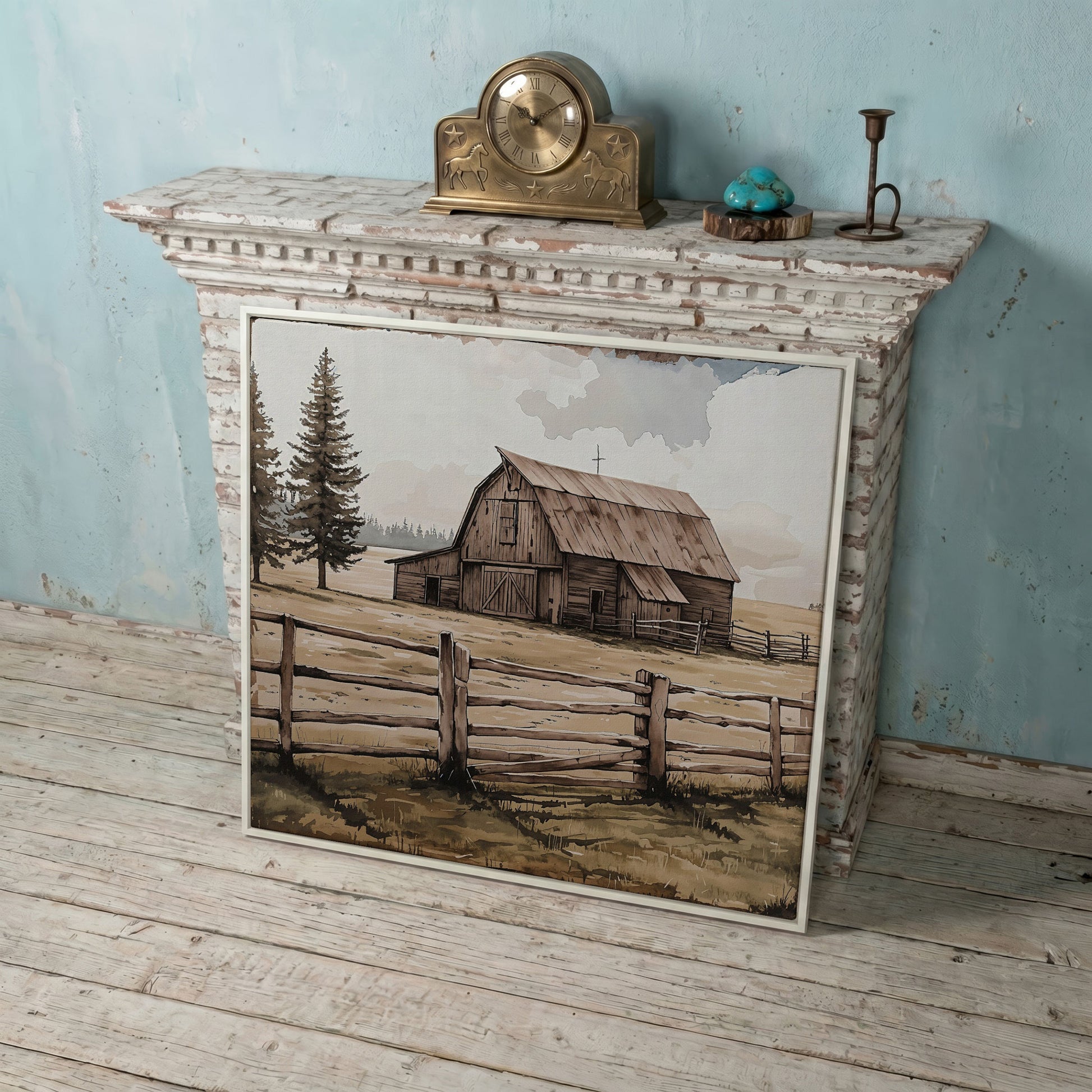 Weathered Barn Canvas Art, Rural Landscape Square Wall Art in white floating frame