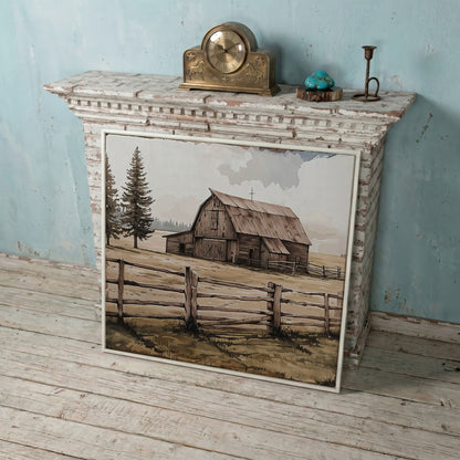Weathered Barn Canvas Art, Rural Landscape Square Wall Art in white floating frame