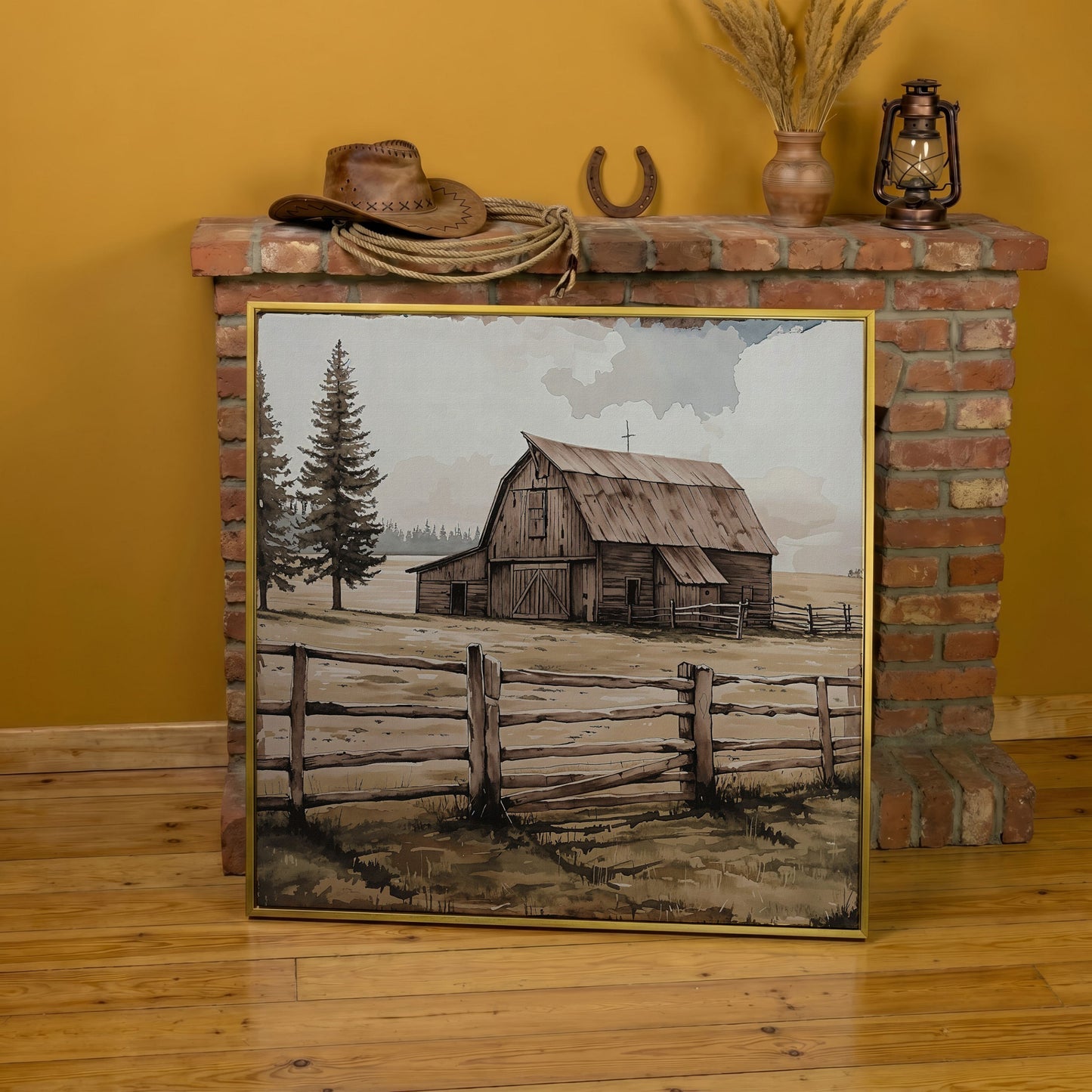 Weathered Barn Canvas Art, Rural Landscape Square Wall Art in yellow gold floating frame