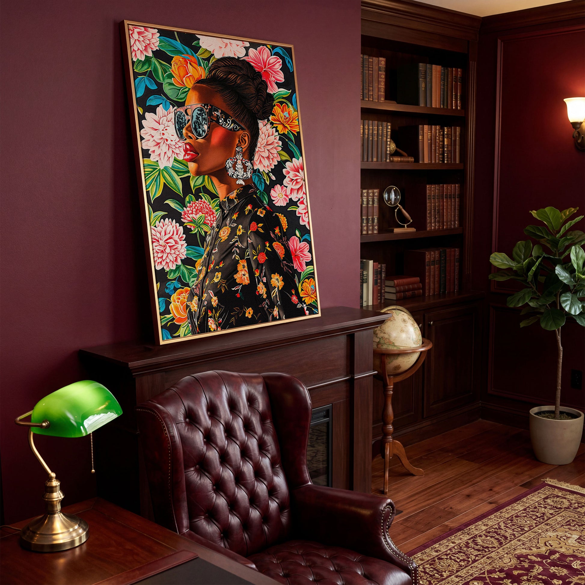 Black Woman Profile with Afrocentric Florals Canvas in antique gold floating frame