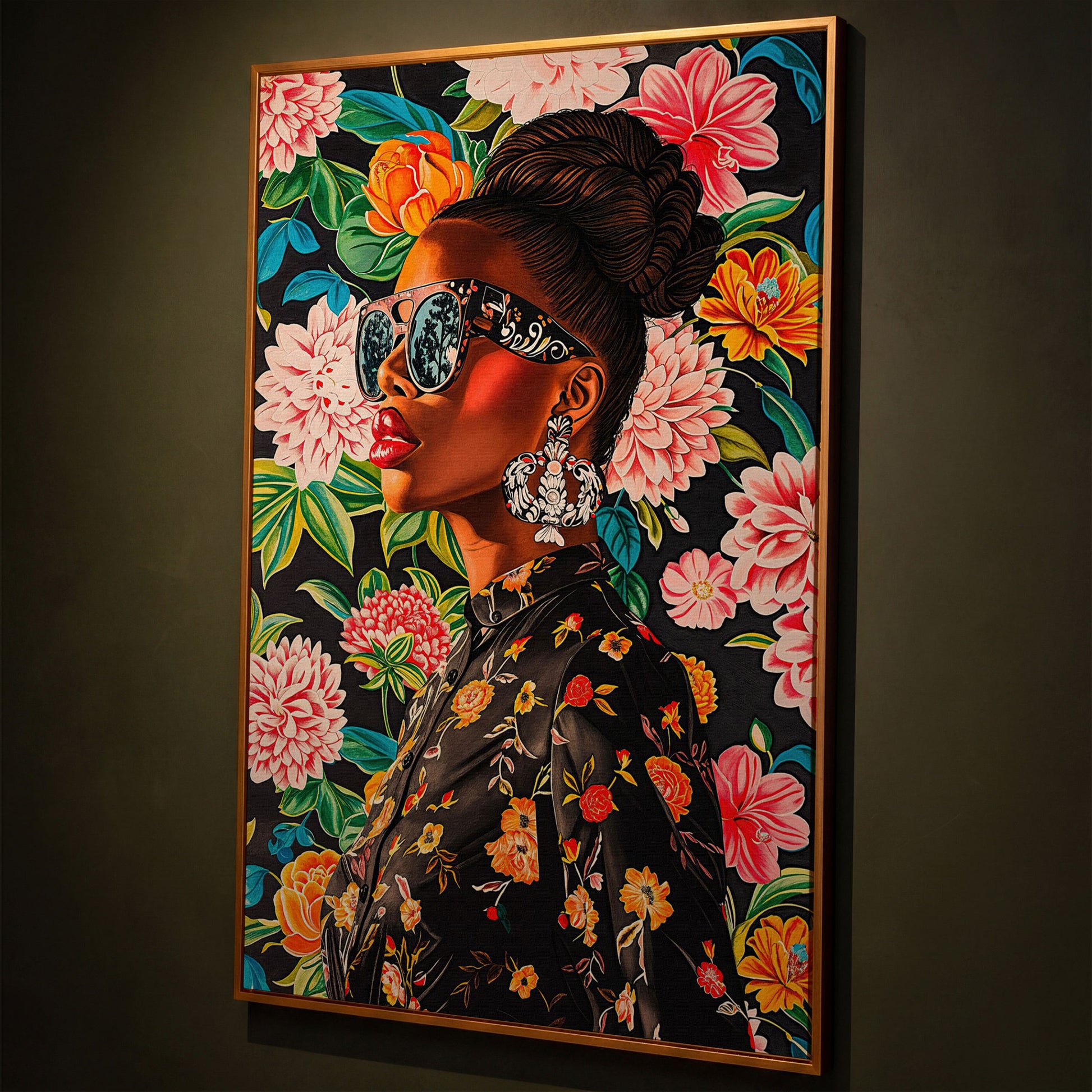 Black Woman Profile with Afrocentric Florals Canvas shown in antique gold floating frame