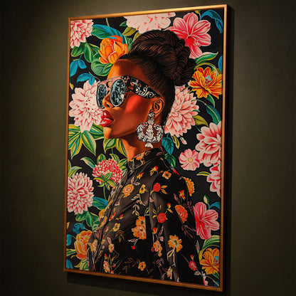 Black Woman Profile with Afrocentric Florals Canvas shown in antique gold floating frame