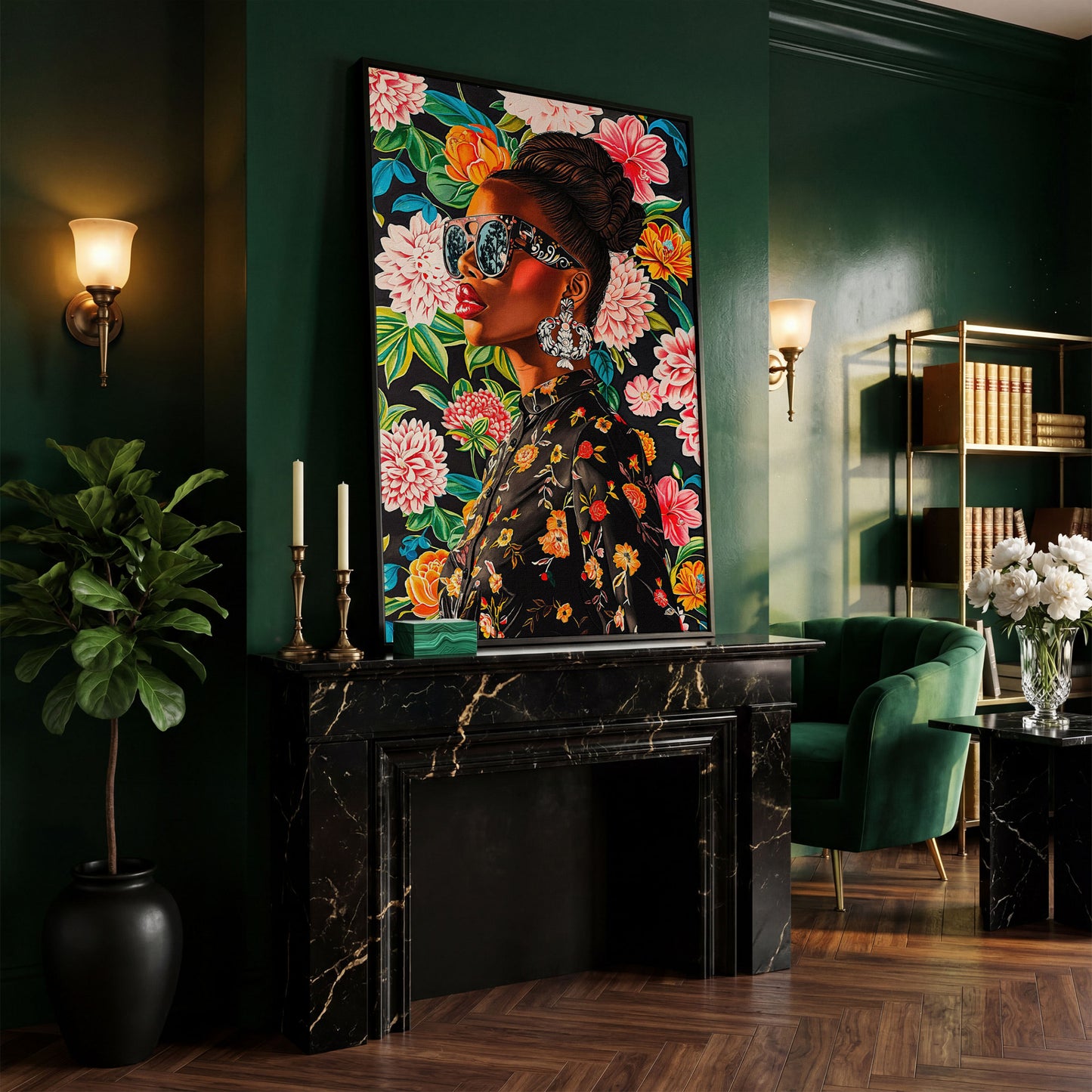 Black Woman Profile with Afrocentric Florals Canvas in black floating frame