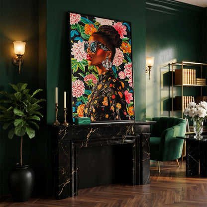 Black Woman Profile with Afrocentric Florals Canvas in black floating frame