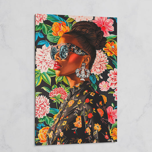 Black Woman Profile with Afrocentric Florals Canvas on gallery wrap