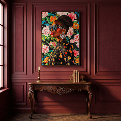 Black Woman Profile with Afrocentric Florals Canvas in dark walnut floating frame
