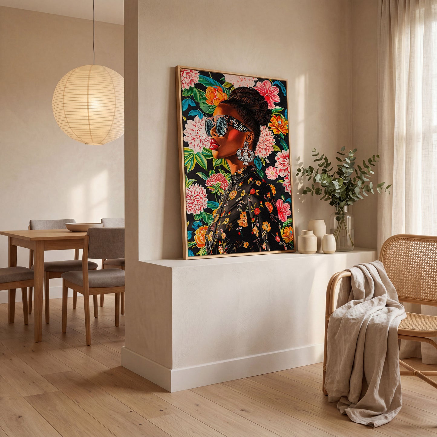 Black Woman Profile with Afrocentric Florals Canvas in white oak floating frame