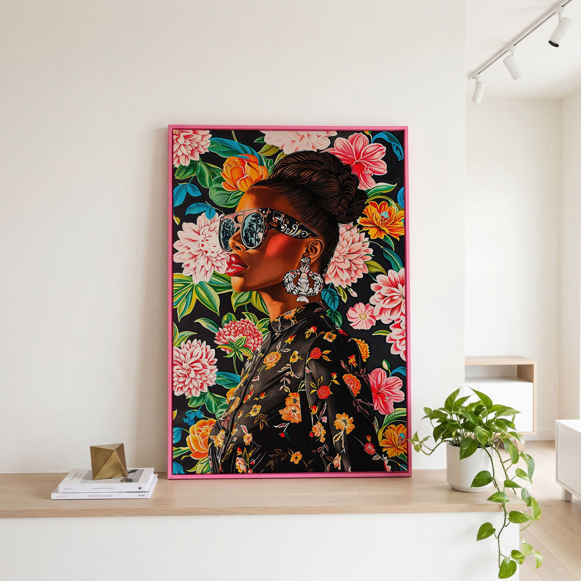 Black Woman Profile with Afrocentric Florals Canvas in pink floating frame