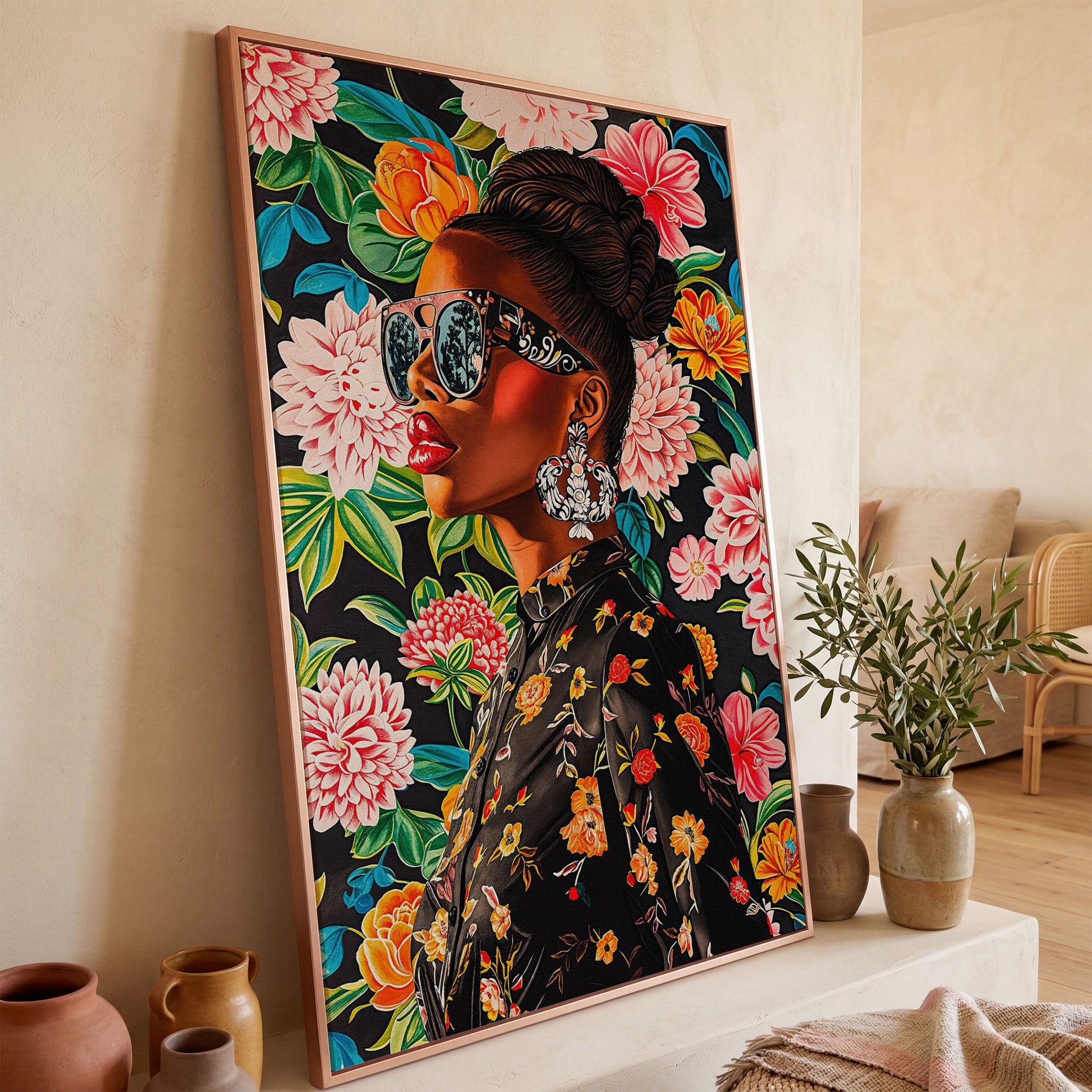 Black Woman Profile with Afrocentric Florals Canvas in rose gold floating frame
