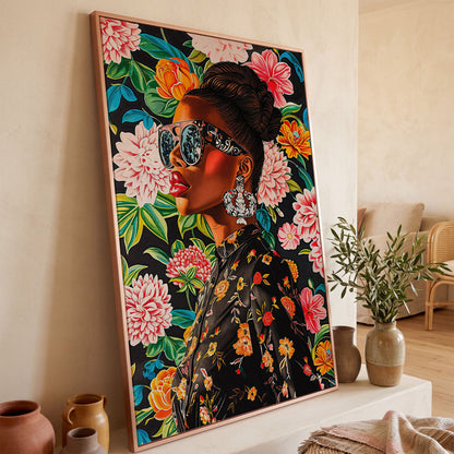 Black Woman Profile with Afrocentric Florals Canvas in rose gold floating frame