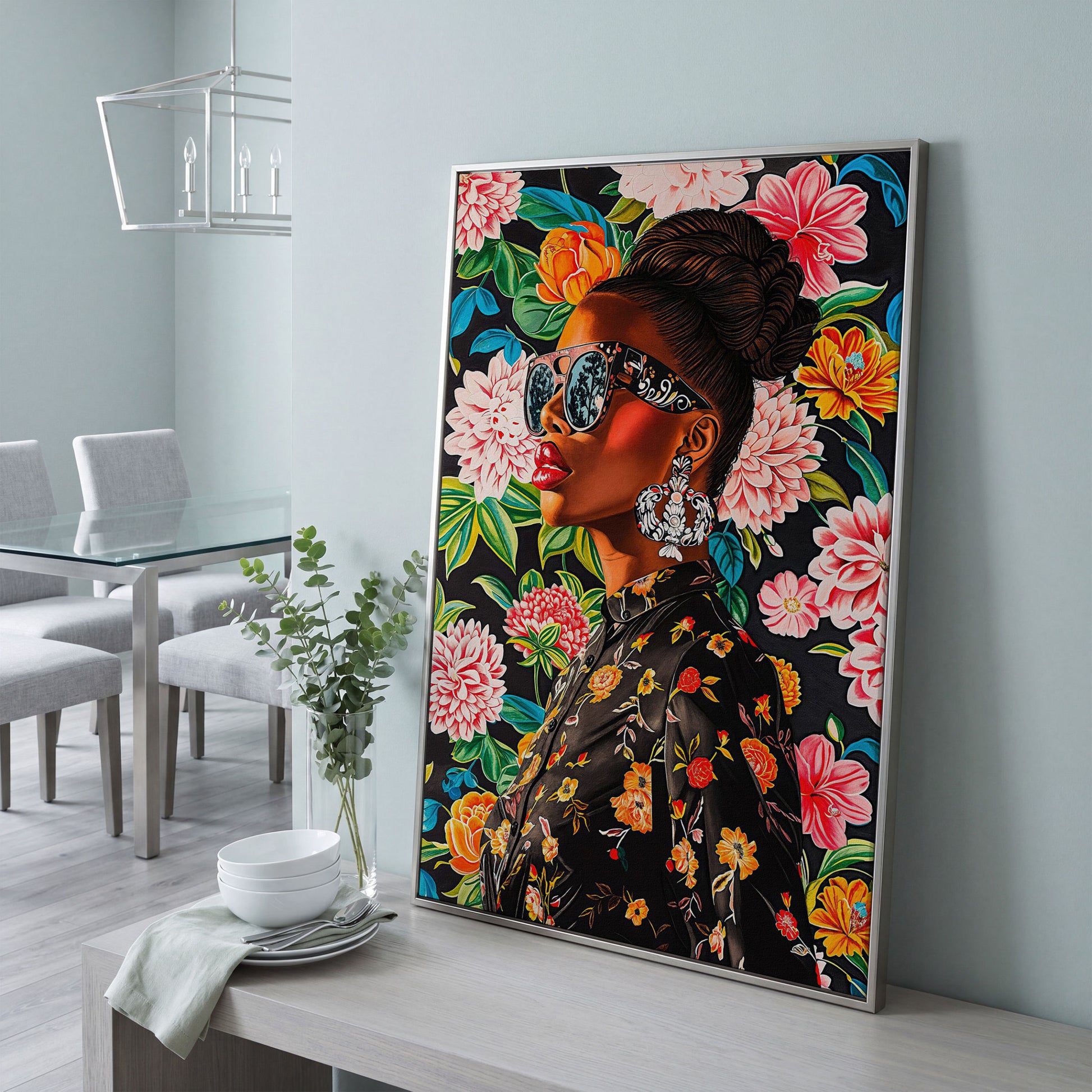 Black Woman Profile with Afrocentric Florals Canvas in silver floating frame