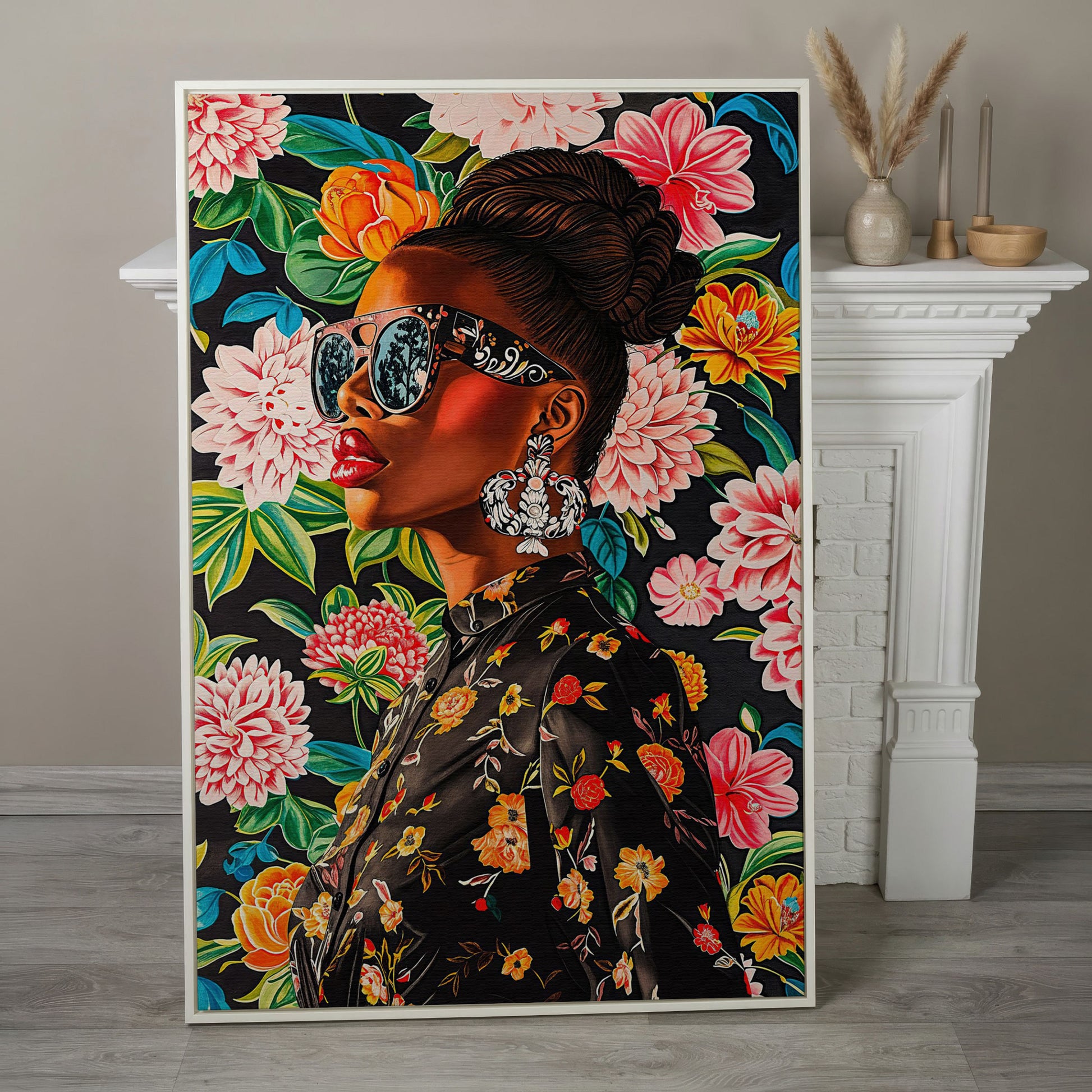 Black Woman Profile with Afrocentric Florals Canvas in white floating frame