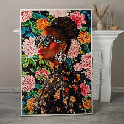 Black Woman Profile with Afrocentric Florals Canvas in white floating frame