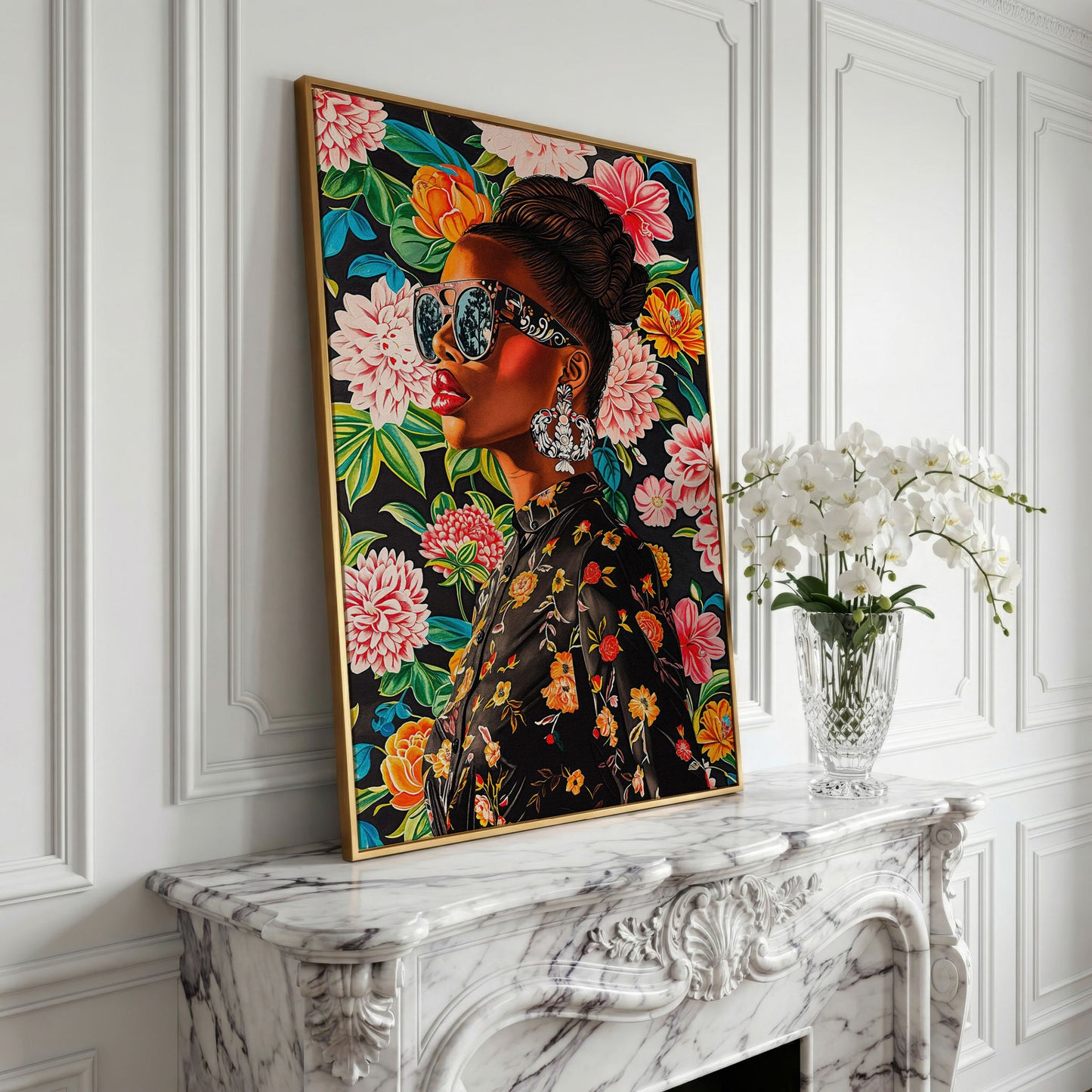 Black Woman Profile with Afrocentric Florals Canvas in yellow gold floating frame