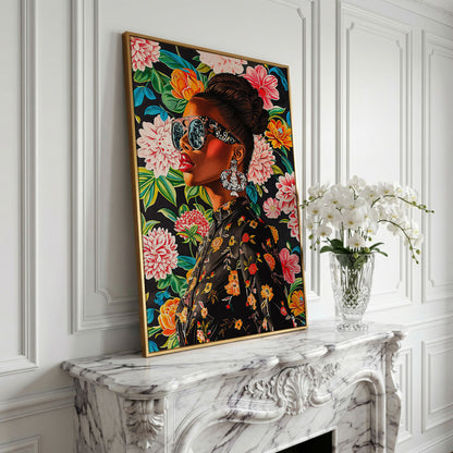 Black Woman Profile with Afrocentric Florals Canvas in yellow gold floating frame