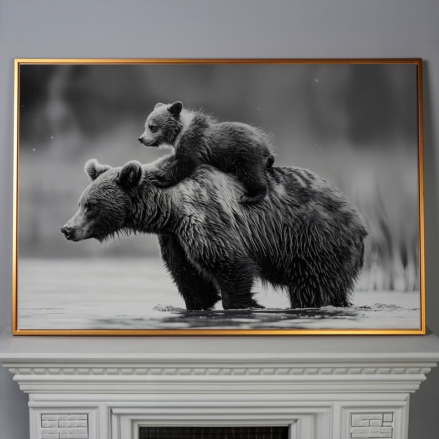Grizzly Bear and Cub Canvas Print in antique gold floating frame