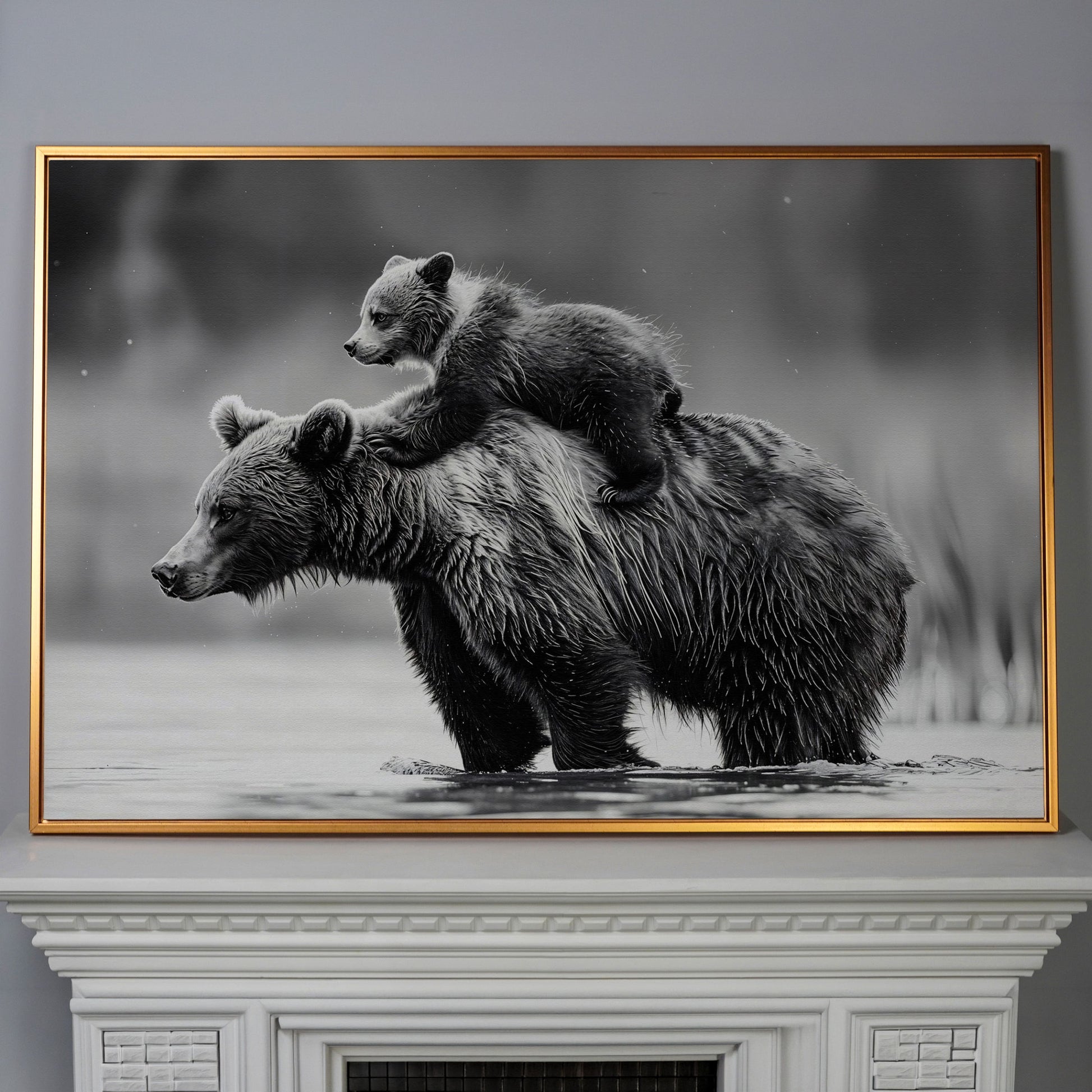 Grizzly Bear and Cub Canvas Print in antique gold floating frame