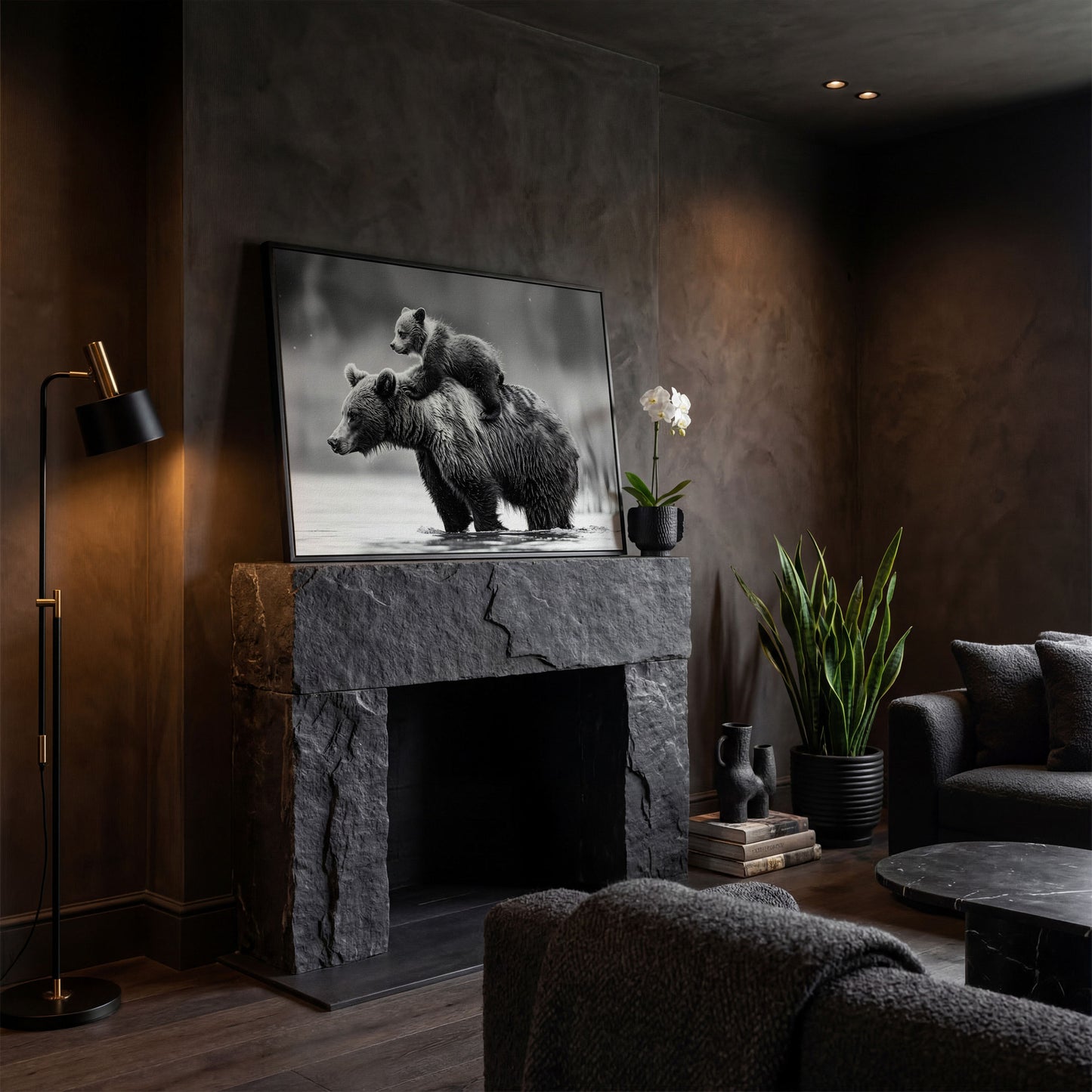 Grizzly Bear and Cub Canvas Print in black floating frame
